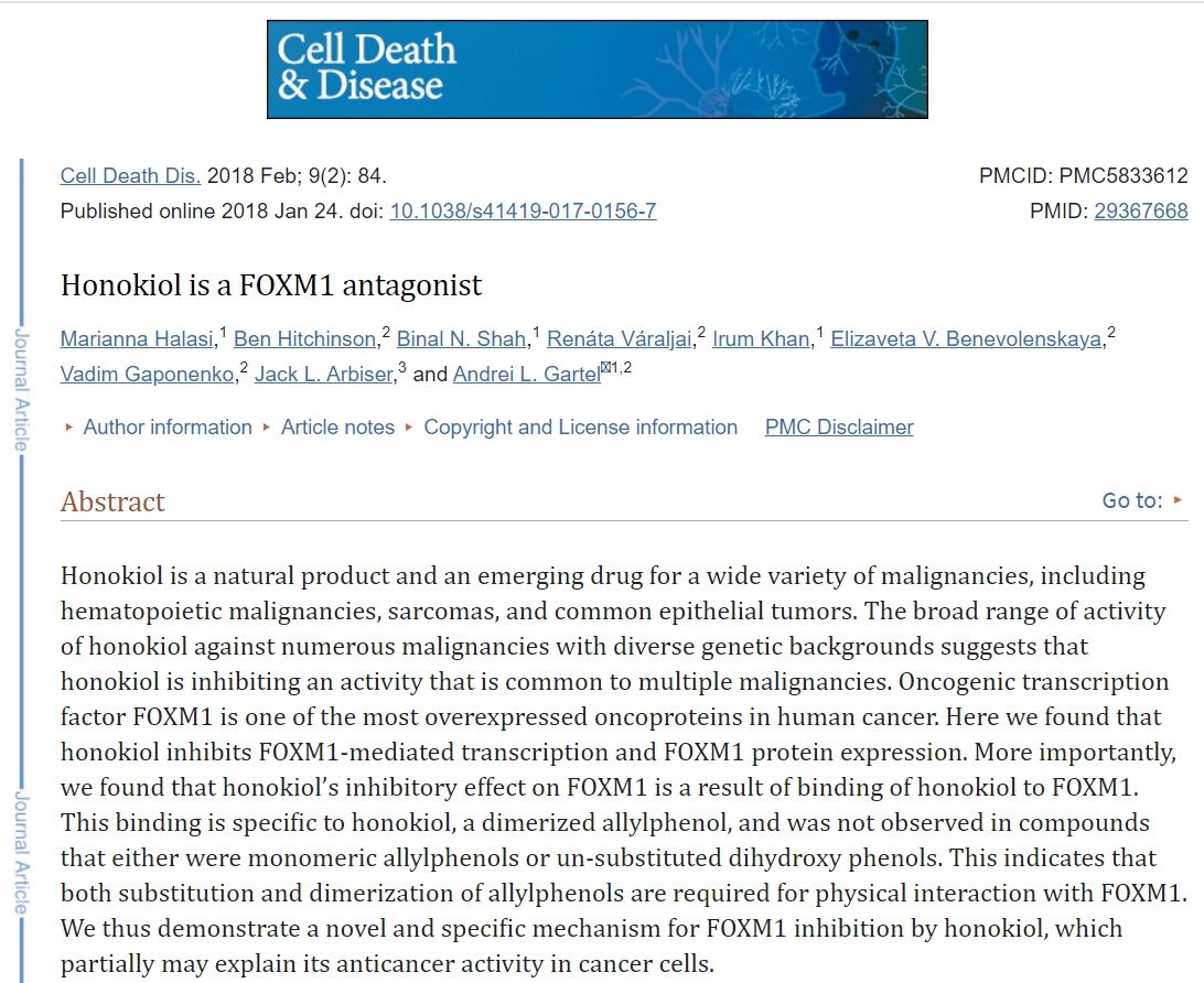 Honokiol is a FOXM1 antagonist 和厚樸酚是一種FOXM1拮抗劑